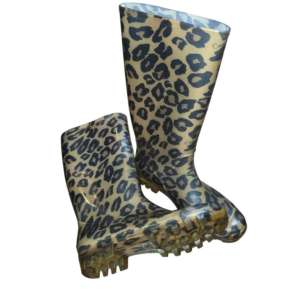 Coach Rain Boots Women 7 Leopard Print Brown Tristee‎ Tall Rubber Lug
